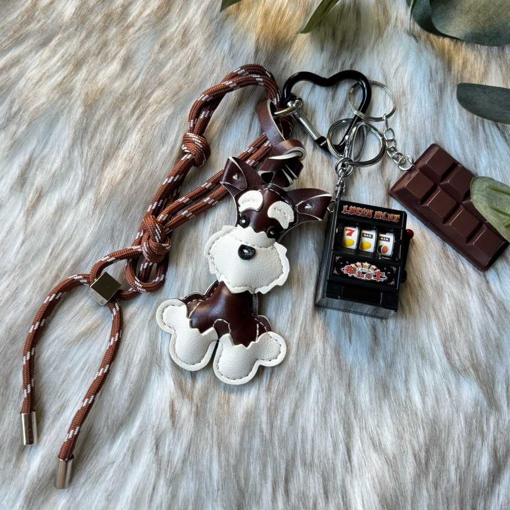 Brown and White Dog Keychain with Cute  Charms